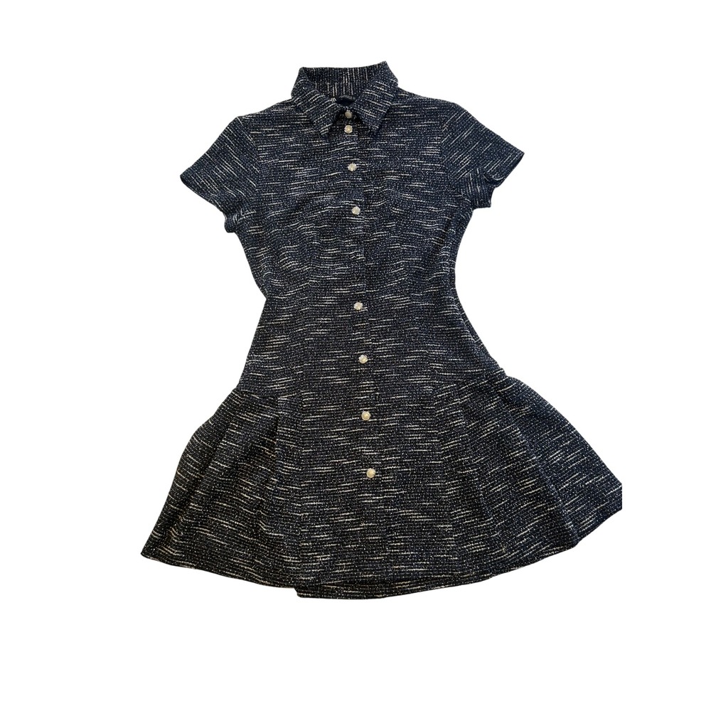 Zara Navy Blue White Textured Tweed Button Down Mini Dress Short Sleeve Small